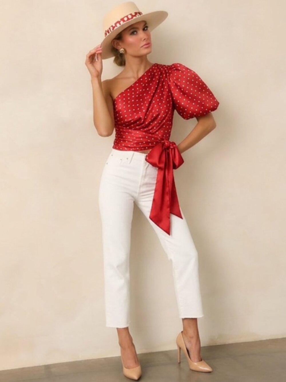 MISHA Satin One Shoulder Satin Crop Top Polka Dot Drama Sleeve